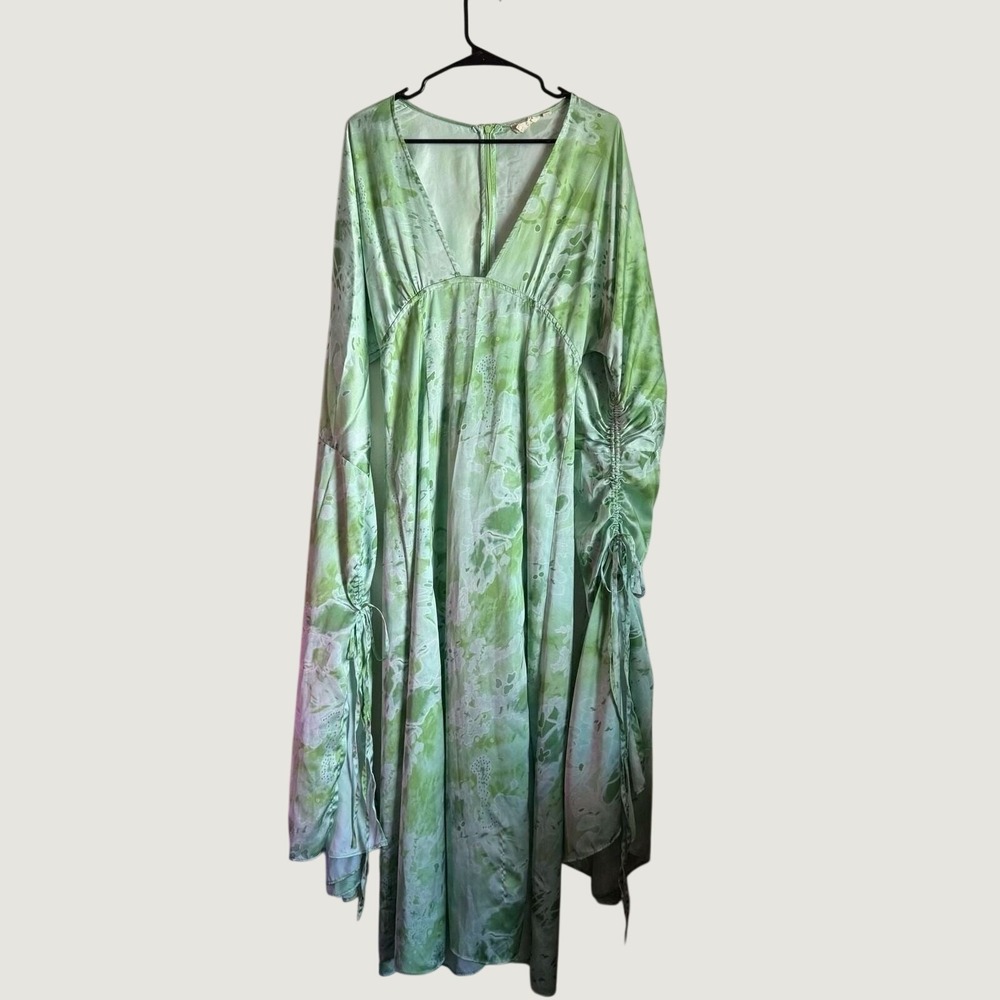 Maxi Dress Medium Boho Tie Dye Satin Ruched Bell Sleeve Green V-Neck - Picture 2 of 11